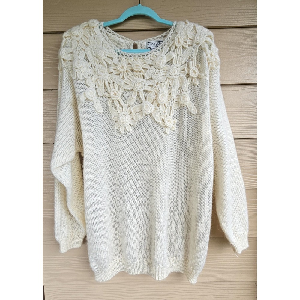 Vintage Cream Mohair Blend Hand Crochet Flowers Venezia Vitale NWT  Sz 14/16